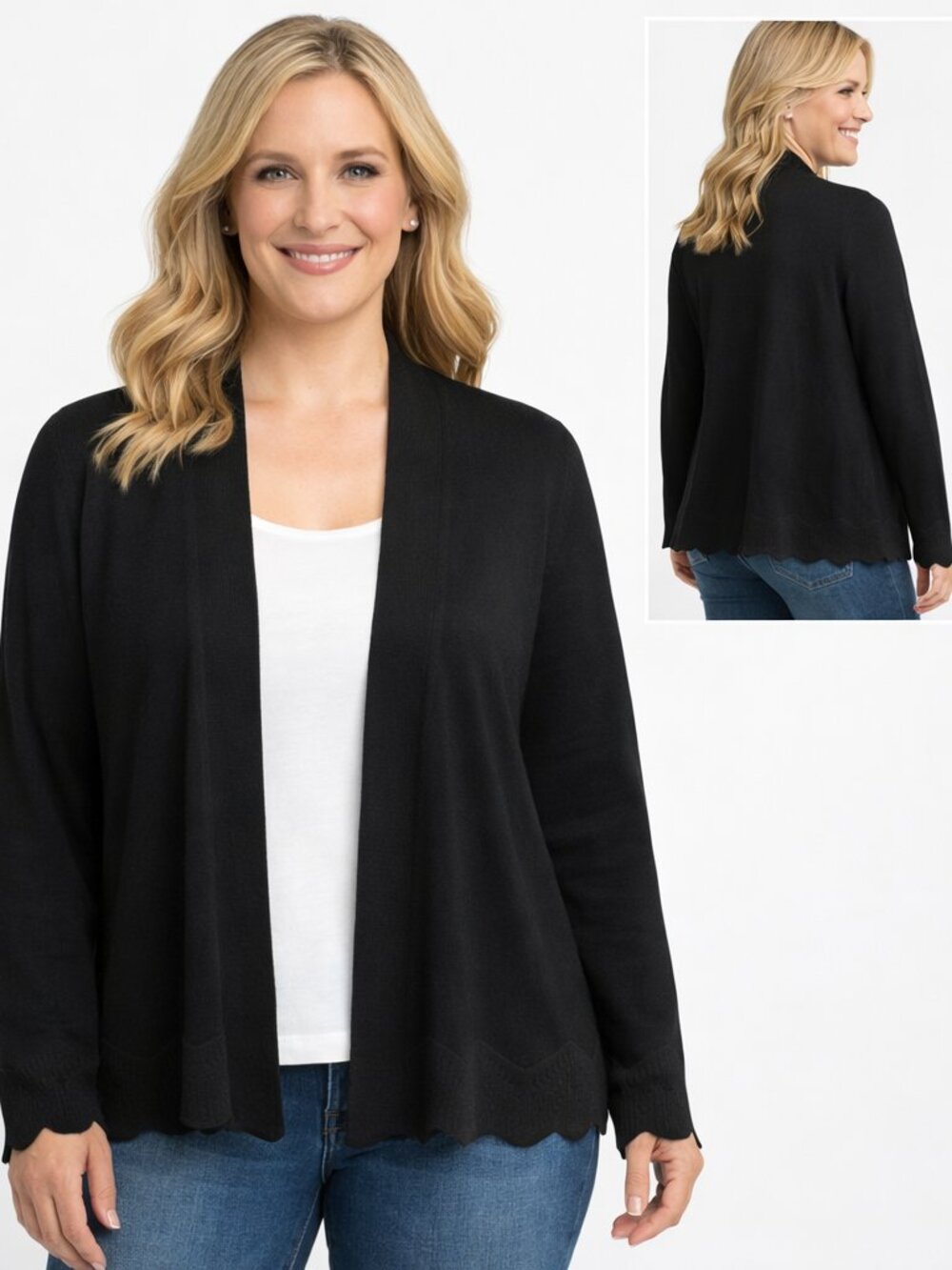 99 Jane Street Black Cardigan Sweater L Scalloped Hem Soft Knit Quiet Luxury
